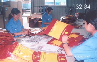 Foto 132-34 - Señoritas ojillando y dando el terminado a bolsas para regalo en la planta de Shanghai Xinya Printing Co Ltd de Wenzhou, Shanghai China - 13-Junio-2006
